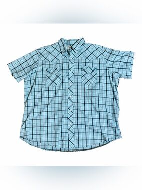 Wrangler Western Shirt Blue Plaid Pearl Snaps Short Sleeve Men’s Size 2XL